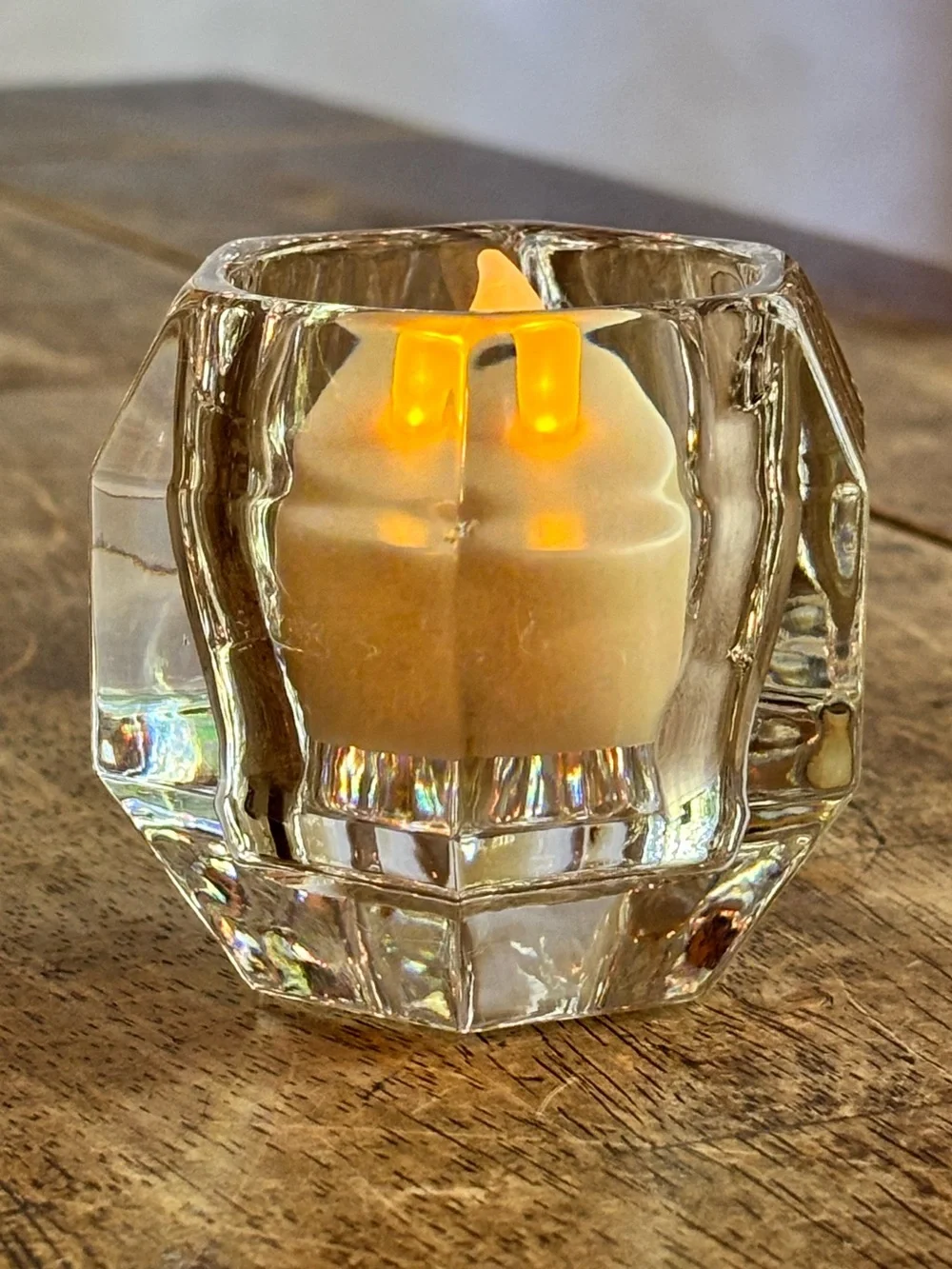 Vintage Heavy Crystal Glass Hexagon Votive Tealight Candle Holder Geometric